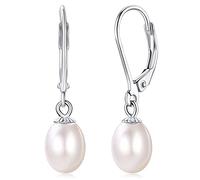 FOCALOOK Femme Dormeuse Perle de Culture Blanche 8mm en Argent 925, Boucle d'Oreilles Dames Elégantes