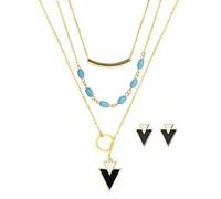 FOCALOOK Parure Bijou Femme Plaqué Or Clou d'oreille avec Collier Multirangs Chaîne Barre Pendentif Anneau et Triangle Monté de Turquoise Artificielle