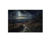 FOCCAR Impression sur toile de paysage de montagne rétro - Décoration murale rustique - Village de lune et nuit