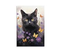 FOCCAR Magnifique Décor Mural en Toile de Chaton Fleur Moderne Noire Affiche de Chat Art Mural pour Salon Chambre à Coucher Oeuvre d'Art