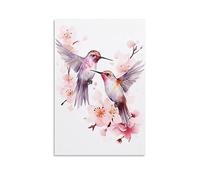 FOCCAR Toile murale avec cadre Motif Amour Colibri pour décoration de salon, aquarelle Fleur Animal Images à accrocher Tableau mural