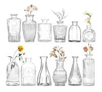 Focenat 12 Petit Vase en Verre Vintage, Transparent Vases Décoratifs, Petits Centres de Table en Verre, Centre de Table, Vase à Fleurs pour Décorations de Mariage, Vases Décoratifs