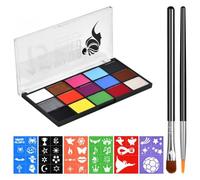 Focenat 15 Couleurs Peinture Corporelle pour Le Visage, Palette Maquillage Enfant, Palette de Maquillage pour Enfants et Adultes avec 4 Pinceaux et 6 PCS Pochoirs, pour Halloween, Noël, Carnaval