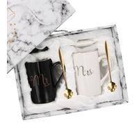 Focenat 2Pcs Ensembles de Mugs, Mr et Mrs Tasses à Café en Céramique avec Couvercle et Cuillère, Cadeau pour Cadeaux de Noël, Mariage, Couple, Anniversaire, Fiançailles, Saint Valentin, 400ML