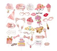 Focenat 33 Pièces Accessoires de Cabine Photo en Or Rose, Accessoires Photo d’Anniversaire, Accessoires de Selfie Photobooth Anniversaire, Kit Décorations de Fête d’Anniversaire pour Fille et Femmes