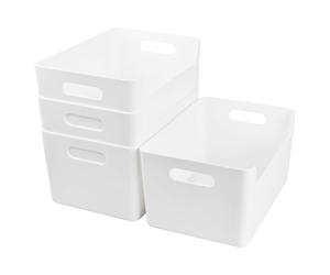 Focenat 4 Pièces Boîtes de Rangement en Plastique, Paniers de Rangement, Boite Rangement avec Poignées, Panier Organiseur Placard pour Cuisine, Salle de Bain, Bureau, Blanc, 25 x 17 x 13.5 cm