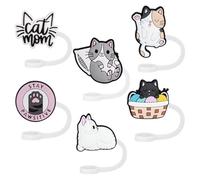 Focenat 6 Pièces Couvercles pour Tasse Stanley, 10mm Bouchon en Silicone, Couvre Paille avec Motif Chat Adorable, Capuchon Anti-Poussière pour Accessoires Stanley Cup