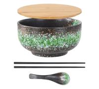 Focenat Ceramic Ramen Bowls, 1500ML Large Salad Bowls, Japanese Ramen Bowl Set, Chopsticks and Spoons, Fruit Serving Bowls, Soup Bowl, Noodle Bowl, Cereal Bowl (Vert)
