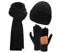 Focenat Chapeau Gants Écharpe Ensemble pour Homme, Long Écharpe Hiver, Tricoté Bonnet, Gants Chauds à Ecran Tactile, 3 en 1 Thermique Tricotée d'hiver Ensemble pour Ski Camping Cyclisme Extérieur