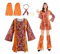 Focenat Costume Hippie pour Femmes, Deguisement Hippie Femme Annee 70, Style 60s 70s Costumes Hippie Chic, Hippie Vêtements, Déguisement Disco pour Carnaval Halloween, Costume Hippie de Style Rétro XL