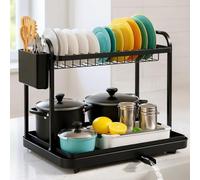 Focenat Egouttoir Vaisselle, Egoutoire Vaisselle Cuisine, Egoutoire Vaisselle Cuisine 2 Niveaux Couleur INOX, Séchoir à Vaisselle, Égouttoir à Vaisselle Peu Encombrant avec Porte Ustensiles, Noir