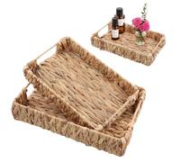 Focenat Lot de 2 Plateau tressé en jonc de mer,Plateau décoratif tressé,Plateau De Service en Rotin Tressé À La Main,Corbeille en Osier Tressé Naturel,pour Nourriture, Fruits, légumes