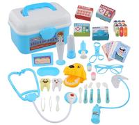 Focenat Malette Docteur Enfant, 47 Pièces Jouet Médical avec Stéthoscope, Chien et Outils de Dentiste, Jeu d'Imitation Éducatif avec Cartes Santé en Anglais pour Enfants 3 Ans, Cadeau Garçon Fille