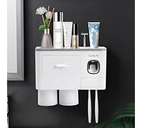 Focenat Porte Brosse à Dents, Support de Brosse à Dents Mural, Rangement Brosse a Dent avec Distributeur Dentifrice Automatique, 2 Tasses Magnétiques, 1 Tiroir et 1 Plateau