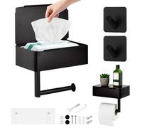 Focenat Porte Papier Toilette Mural sans Perçage avec Boîte à Lingettes Humides et Étagère, Porte Rouleau Papier Auto-adhésif en Acier Inoxydable pour Toilettes et Cuisine, Noir