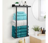 Focenat Porte Serviette Salle, Réglable en Hauteur 38-75cm, Porte Serviette Murale, Auto-adhésif, avec Étagère et 3 Crochets, Porte-Serviette sans Perçage, pour Salle de Bains, Cuisine, Hôtel (Noir)