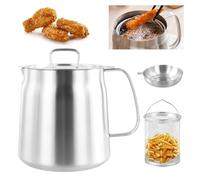 Focenat Pot de Filtre à Huile en Acier Inoxydable 304, Récipient à Graisse de Bacon avec Filtre À Mailles Fines et Panier à Friture, pour Stockage de l'Huile de Friture et Graisse de Cuisson, 2 L