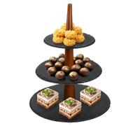 Focenat Présentoir 3 Étages en Ardoise Naturelle & Bois Massif Ø25/20/15 cm, Support à Gâteaux Stable avec Patins Antidérapants, Idéal pour Cupcakes, Desserts, Fruits, Apéritifs, Mariage & Fêtes