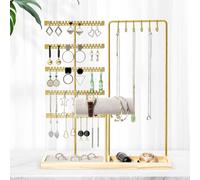 Focenat Présentoir à Bijoux avec Base en Bois, Porte bijoux, Collier Bracelet, Porte Boucle d’Oreille, Porte-Bijoux avec Plateau et Crochets pour Range Bracelet Collier Bagues Montres