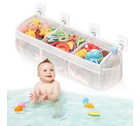 Focenat Sac de Rangement pour Jouets de Bain, Organisateur de Jouets de Bain, Filet Rangement Jouet Bain avec 3 Compartiments et 4 Crochets Adhésifs, Filet Jouets Bébé, Blanc