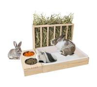 Focket 3 Po en 1 Foin de Lapin avec Bac à Litière, 2 Bols Ensemble de Mangeoires à Foin en Bois Pratiques, Mangeur de Lapin en Bois de Grande capacité, Animaux de Gamine de Foin.
