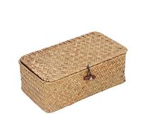 Focket Panier de Rangement en Jonc de Mer, Conception Anti-poussière Tissée à la Main avec Boucle et Bande élastique, Panier de Rangement en Osier avec Couvercle pour Bureau, Cuisine, Chambre à (S)