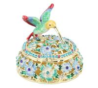 Fockety Boîte à bijoux vintage, ronde, motif colibri, en métal, petite boîte de rangement pour bagues, boucles d'oreilles, colliers, souvenir pour femme (BLUE)