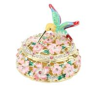 Fockety Boîte à bijoux vintage, ronde, motif colibri, en métal, petite boîte de rangement pour bagues, boucles d'oreilles, colliers, souvenir pour femme (PINK)