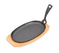 Fockety Poêle à Fajita Ovale en Fonte, Assiette à Steak Grésillante Robuste avec Poignée de Base en Bois, Plateau Grésillant Antirouille pour Restaurant, Cuisine à Domicile, Barbecue,