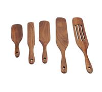 Fockety Spatule en Bois, 5 Pièces Ensemble D'ustensiles de Cuisine en Bois de Teck Naturel pour Batterie de Cuisine Antiadhésive avec Finition Lisse et Résistante à la Chaleur, Outils