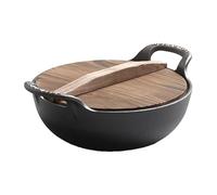 Fockety Wok en Fonte de 12,6 Pouces, Wok Chinois à Fond Plat Antiadhésif pré-assaisonné avec Couvercle en Bois et Double Poignées pour Cuisinières à Induction, Gaz et électriques (32 cm / 12,6 pouces)