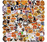 FOCRI Lot de 100 autocollants d'Halloween en vinyle imperméable pour ordinateur portable, bouteille d'eau, bricolage, scrapbooking, dessin animé, citrouille, thème pour enfants, adolescents, adultes