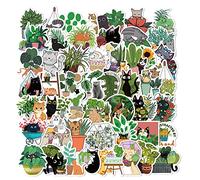 FOCRI Lot de 50 autocollants pour chat et plantes - Motif chat noir - Vert - En vinyle - Étanche - Pour bouteille d'eau, ordinateur portable, skateboard, cadeaux pour enfants, adolescents