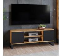 FOCUS Meuble TV 2 portes - décor chêne wotan et noir - 155 x 40 x 49 cm