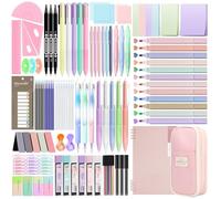 Focxoio Lot de 146 fournitures de papeterie esthétiques avec trousse à stylos et bloc-notes, 12 surligneurs pastel, 3 stylos effaçables, 5 stylos multicolores, 5 stylos gel, 9 crayons mécaniques pour