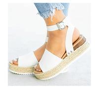 Sandales Espadrilles pour Femmes Bride à la Cheville Boucle Sandale compensée Sandales à Plateforme à Bout Ouvert (Color : White, Size : 43 EU)