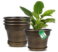 Fodetyff Lot de 4 Grands Pots de Fleurs en Plastique avec Soucoupe pour intérieur et extérieur, 33 cm, doré foncé