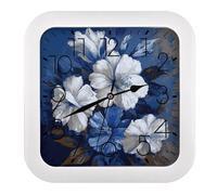 FodPand Horloge murale carrée rustique avec cadre de grandes fleurs bleues et blanches, silencieuse, sans tic-tac, fonctionne avec des piles, chiffres faciles à lire, horloges analogiques, décoration