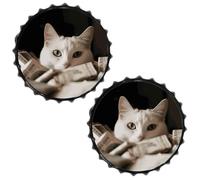 FodPand Lot de 2 panneaux en étain motif chat blanc et pile de dollars - 30 cm - Décoration murale vintage pour cave, bar, cuisine et bureau, prêt à accrocher