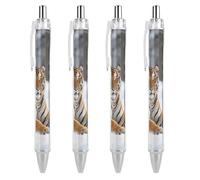 FodPand Lot de 4 stylos à bille rechargeables en forme de tigre de Sibérie - Pointe fine de 0,5 mm - Encre liquide à séchage rapide - Prise en main confortable - Rétractable et format de poche - Pour