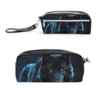 FodPand Mini trousse de maquillage avec poignée en cuir synthétique imperméable durable et imperméable pour bureau, voyage - 20 x 9 x 5,3 cm - Motif loup noir