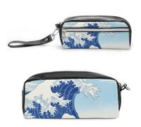 FodPand Mini trousse de maquillage avec poignée - Motif vague japonaise - 20 x 9 x 5,3 cm - Durable - Étanche - En cuir synthétique - Grande capacité - Portable - Pour bureau, voyage