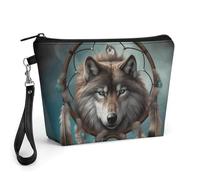 FodPand Petite trousse de maquillage avec poignée - Trousse de maquillage 3D en cuir synthétique avec attrape-rêves loup pour sac à main, organisateur de maquillage de voyage, pochette de toilette
