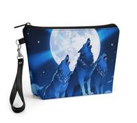 FodPand Petite trousse de maquillage avec poignée - Trousse de maquillage en cuir synthétique avec motif loup bleu et lune pour sac à main, organiseur de maquillage de voyage, pochette de toilette
