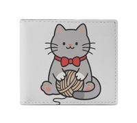 FodPand Portefeuille à deux volets en cuir compact avec fenêtre pour carte d'identité et poche pour pièces de monnaie, 10,9 x 9,4 cm, motif chat de dessin animé gris, porte-cartes fin et minimaliste