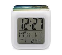 FodPand Réveil cube Tropical Holidays avec 7 couleurs changeantes - Horloge numérique pour chambre à coucher - Détection de température en temps réel - Aide au sommeil - Petite horloge pour bureau