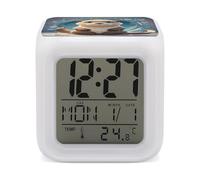 FodPand Réveil numérique LED 7 couleurs avec affichage de la température, répétition et veilleuse, fonctionne à piles, motif loutre mignon, 7,9 cm, lampe à intensité variable pour chambre à coucher