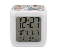 FodPand Réveil numérique pour chambre à coucher, motif fleurs, lapins, oiseaux, avec veilleuse à 7 couleurs changeantes, grand écran LED, réveil pour décoration de chambre, température