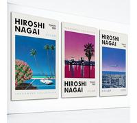 foefvpeft Hiroshi Nagai Vaporwave Lot de 3 toiles murales japonaises vintage pour chambre - Impression artistique colorée rétro des années 90 - Paysage japonais moderne - 30,5 x 40,6 cm - Sans cadre