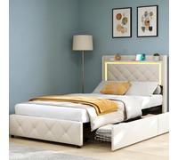 FOERPL 90x200 Lit Simple Rembourré avec 2 Tiroirs de Rangement, LED et Port USB - 90x200 cm Cadre de Lit 1 Place avec Tête Capitonné et Sommier à Lattes